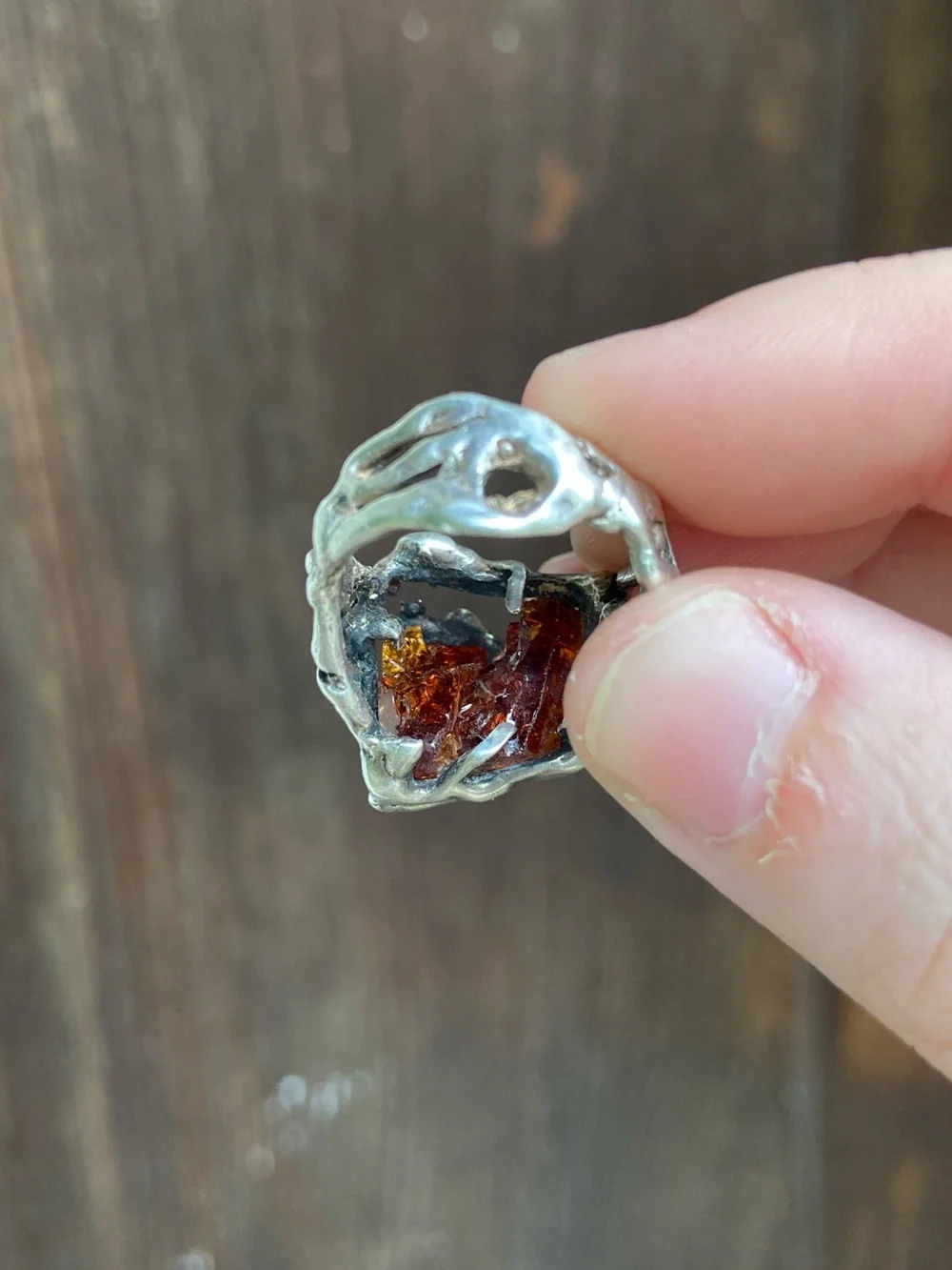 Sterling Silver Amber Brutalist Ring - Vintage